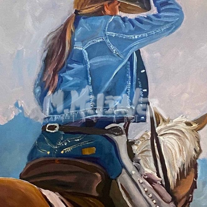 Cowgirl and Denim Oil Painting by Michael Meissner