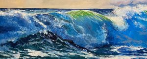 A vibrant oil painting titled Three + One depicts an ocean wave crashing, with dynamic shades of blue, green, and white. The frothy crest contrasts beautifully against the deeper hues of the cascading water, capturing both motion and energy.