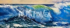 The painting Crash captures a dynamic, vibrant image of a fierce ocean wave in shades of blue, green, and white under a cloudy sky.