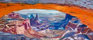 A vibrant painting by Michael Meissner captures a natural rock arch framing a sweeping landscape. Rich, warm earth tones dominate the foreground, while distant mesas and plateaus bathe in blue and purple hues under a clear sky.