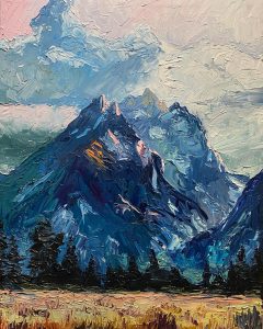 A vibrant oil painting captures the dramatic beauty of Rocky Mountain National Park. The deep blues and greens of the mountains contrast with a pink and blue sky. Dark trees line the base over golden grass, showcasing natures majesty.