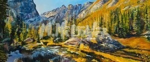 A vibrant painting titled Rocky Mountain National Park showcases towering peaks, lush green and yellow trees, rocks, and a small stream reflecting the scenery. The clear sky allows sunlight to beautifully illuminate the picturesque landscape.