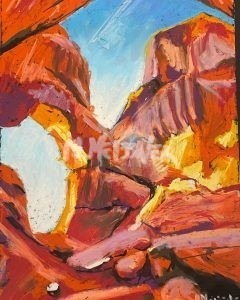 The painting titled Two Arches Glow in Afternoon Light at Arches Nat features vibrant red and orange rock formations under a bright blue sky, reminiscent of Arches National Park, with bold brushstrokes depicting a dynamic natural rock archway.