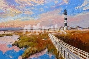 An oil painting, Bodie Island Lighthouse Station, features a wooden path through marshland leading to the iconic lighthouse. The skys vibrant pink, blue, and orange hues are reflected in the tranquil water below.