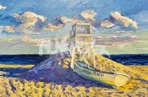 Impressionist painting titled Jones Beach Lifeguard Station features a lifeguard station, a boat labeled Jones Beach on the sand, with wispy clouds in the sky and the ocean as the backdrop for a serene coastal scene.