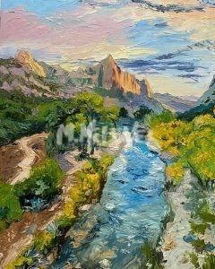 The Zion Canyon at sunset painting captures a vibrant impressionist scene of a river winding through lush greenery with majestic mountains and a sky in blue, pink, and white hues evoking sunrise or sunset magic.