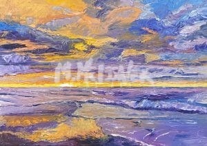 The artwork Sunrise and Seagulls vibrantly captures a colorful ocean sunset, with swirling purple, orange, and yellow skies reflecting on the water. Waves gently roll towards the shore as seagulls soar gracefully above, conveying movement and energy.