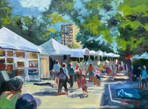A vibrant painting of an outdoor market captures people strolling between white tents under a sunny sky, much like a festive event. A building peeks from behind the trees, its presence adding depth to the scene. Dappled sunlight and lively colors animate the atmosphere with a show-like energy.