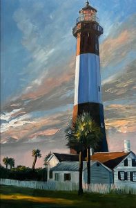 The Ocean Sunrise features a tall lighthouse set against a sunrise sky, with blue, pink, and orange hues reflecting on the ocean. A quaint white building with a picket fence and palm trees enhances the tranquil coastal view.