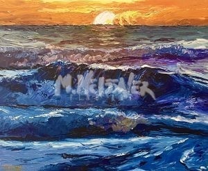 The Ocean Sunrise painting vividly captures ocean waves in rich blues and purples beneath a stunning sunrise. Warm oranges and yellows blend across the sky, adding depth and contrast as the early sunlight gently illuminates the horizon.