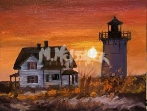 A painting titled Kudzu in Fall, Greensboro, GA depicts a sunset scene with red, orange, and yellow hues. The sun sets near a lighthouse, casting warm light over kudzu-covered shrubs and plant life.
