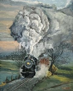 The product Chugging Along depicts a steam locomotive moving through countryside fields and trees. Gray and white smoke billows into the sky, adding drama to the scene, while diffused light softly illuminates the landscape.