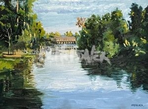 The Augusta tow path and canal painting captures a serene riverscape with lush trees, a rustic tow path, and a wooden bridge under a partly cloudy sky, mirroring gentle ripples reminiscent of Augustas canalscape.