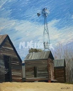 Winter off Dozier Road depicts rustic wooden barns under a cloudy blue sky, featuring a prominent metal windmill and thickets of bare trees.
