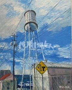 The Harlem water tower in Georgia is depicted against a bright blue sky with wispy clouds and intersecting power lines. A yellow warning sign, wire fence, and small building are in the foreground of this iconic scene.