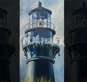 The Hunting Island Lighthouse painting features the tall, dark structure with its glass lantern room, set against an overcast sky. Grass sways gently at its base, accentuating the lighthouse towering prominently at the center of the composition.