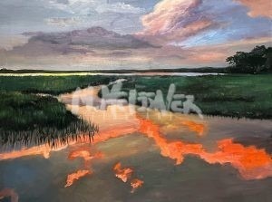 The painting Water on Fire portrays a tranquil marsh sunset with dramatic clouds in fiery orange, pink, and purple sky. Vibrant colors reflect off the water, surrounded by lush green grasses.
