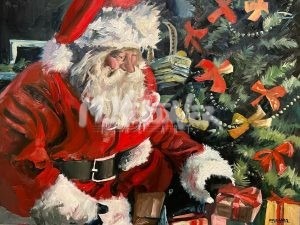 The Christmas Eve painting captures Santa in a red suit joyfully placing gifts beneath a Christmas tree adorned with bows and ornaments, surrounded by festively wrapped presents for a warm, traditional holiday scene.