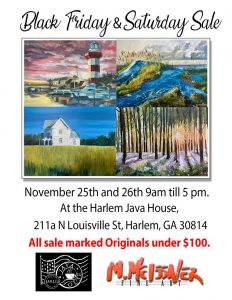 Join us for a Black Friday and Saturday Sale featuring four stunning landscape paintings. This art show takes place November 25-26, from 9am-5pm at Harlem Java House, 211a N Louisville St, Harlem, GA 30814. All originals are under $100. Logos included below.