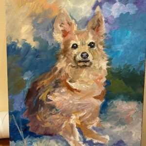 A colorful pet portrait of a fluffy dog sitting against a vibrant, abstract background. The dog has large ears and an alert expression, with shades of brown, cream, and orange fur. The backdrop consists of blues, purples, and subtle hints of yellow.