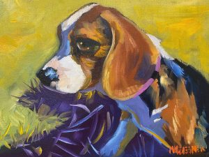 A colorful pet portrait of a beagle with a prominent light brown, white, and black coat. The dog is gazing to the left against a vibrant yellow and purple background, featuring bold brush strokes. This piece exemplifies exquisite pet art that breathes life into animal illustrations.