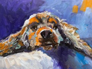 A colorful painting of a dog with floppy ears resting its head on a surface, perfect for those who appreciate custom animal art. The background features shades of blue and purple, while the dog is depicted with strokes of brown, white, and gray. Bright patches accent the scene beautifully.