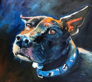 A colorful pet portrait of a dog with a black and brown coat. The dog is wearing a light blue collar and gazes upward with an attentive expression. The background comes alive with vibrant blue and orange brushstrokes.
