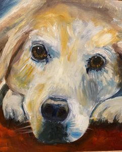 Painting of a dog with white and golden fur resting its head on its paws. The dog’s large, expressive eyes gaze forward, set against a soft, blurred background. This pet portrait features bold, textured brushstrokes that add depth to the artwork.