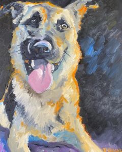 A colorful pet portrait of a happy German Shepherd with its tongue out. The dog is painted in shades of yellow, brown, and orange against a dark background, creating a vibrant contrast.