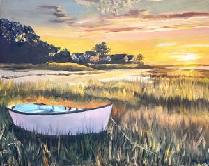 This tranquil oil painting tutorial, Marsh Oil Painting, guides you in depicting a small boat on grassy marsh wetlands. Capture a serene river reflecting a vibrant sunset beneath a dramatic sky, with houses and trees forming the picturesque backdrop. Duration: 1 hr. 12 min.