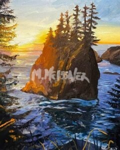 A painting of Cape Disappointments rocky coast at sunset, featuring tall pines on cliff tops and Pacific Northwest waves. The horizon glows warmly as the sun sets, with foliage in the foreground.
