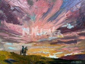 The vibrant painting Big Sky features two figures on horseback silhouetted against a dramatic sky, alive with swirling pink, purple, and orange hues that evoke movement and energy.