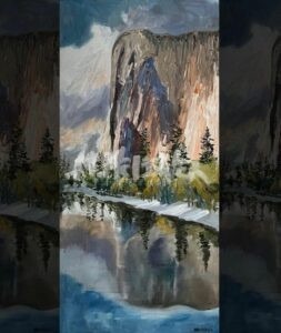 Reflection of El Capitan captures the majestic cliff amid a partly cloudy sky, mirrored in a serene body of water and encircled by pine trees. Earthy browns, greens, and blues blend to create an awe-inspiring scene.