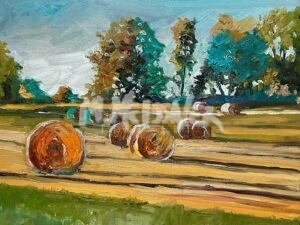 The Reflection of El Capitan is an impressionist painting depicting hay bales in a golden field, framed by green trees under a blue sky. Bold, textured brushstrokes capture the tranquil majesty and depth of the rural landscape.