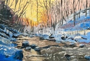 The artwork Winters Creek portrays a serene winter landscape beneath a sunlit sky. Bare trees border the snowy scene, with Winters Creek winding through, mirroring the warm hues of dawn or dusk.