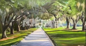 The Boone Hall painting portrays a sunlit path lined with tall trees draped in Spanish moss. The pathway stretches afar, bordered by lush green grass casting gentle shadows, while the sky peeks through the canopy.