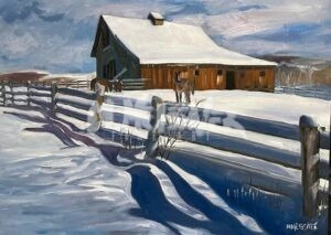 The Winter Barn scene showcases a snow-covered wooden barn and a horse casting shadows on the snowy ground, with a wooden fence extending into the foreground under a blue sky.