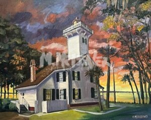 The Haig Point Lighthouse painting depicts a lighthouse beside a cozy house, surrounded by palm trees. The sunset sky fills with orange, pink, and purple hues, creating a vibrant scene over shimmering waters.