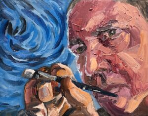 Portrait painting of a person holding a paintbrush close to their face against a swirling blue backdrop. Reminiscent of paintings by Michael Meissner, the artwork features thick, textured brushstrokes in various shades, emphasizing an intense expression.