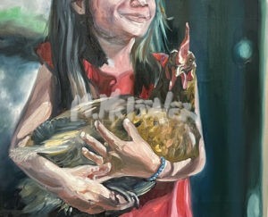 A serene painting titled My Roo depicts a smiling young girl in a red dress, lovingly holding a brown chicken against her chest, set against a softly blurred background.