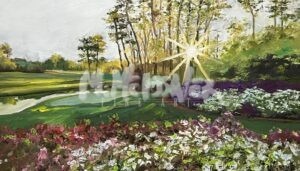 Number 12 depicts a vibrant golf course in sunlight, with tall trees casting shadows. Colorful pink, white, and purple flower beds adorn the foreground. A bright sky enhances the peaceful and scenic atmosphere.