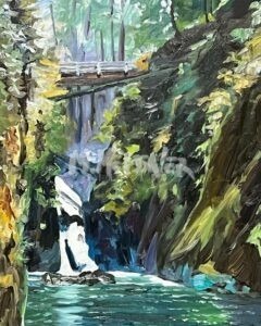 The painting Bridge over Sul Duc Falls portrays a wooden bridge spanning a narrow, rocky gorge with rushing water. Encircled by lush green foliage and sunlit trees, the scene exudes serenity and natures beauty.