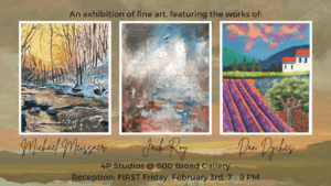 Discover the captivating art exhibition at 4P Studios, showcasing paintings by Michal Mizisson, Jack Ray, and Dan Dychs. Join us for a vibrant reception on February 3rd, 7-9 PM. Highlighting a forest scene, abstract piece, and vibrant landscape alongside paintings by Michael Meissner.