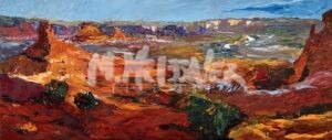 An impressionistic Cataract Canyon overlook painting depicts a desert landscape with red and orange rocks beneath a blue sky, green vegetation in the foreground, and distant mountains with purple hues.
