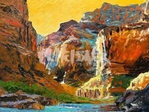 A vibrant oil painting, Grand Canyon, captures the dramatic landscape with steep, textured cliffs in warm hues. A cascading waterfall flows into a turquoise river, surrounded by lush greenery under a bright yellow sky.