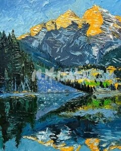 A vibrant, textured painting titled Rocky Mountain National Park showcases the sunlit snow-capped peaks of the Rocky Mountains. Below, a tranquil lake mirrors the mountains, surrounded by lush greenery and under a clear blue sky.