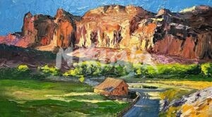 The Capitol Reef National Park painting showcases vibrant red and orange cliffs with a small cabin, a winding path, lush greenery, rugged terrain, and a bright blue sky highlighting the stunning landscape.