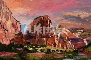 An impressionist painting, Angels Landing, Zion National Park, depicts a vibrant landscape with rugged mountains under a colorful pink and orange sky. Lush green foliage in the foreground casts dramatic shadows on the rocky terrain.