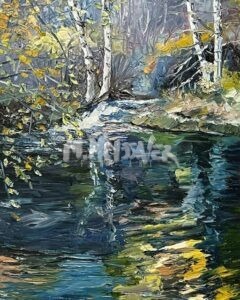 River Birch on the Creek captures a tranquil forest with a winding creek reflecting trees and autumn leaves in shades of yellow, green, and brown. The paintings ripples and textured brushstrokes add movement and depth.