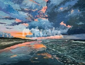 The Monday Morning painting features a vibrant seascape with a tranquil beach on the left, dramatic sky in blue, pink, and orange hues reflecting on calm waters, and a warm horizon glowing like a gentle sunrise.